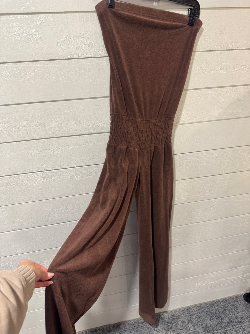 Plush and lush Brown Terry-Cloth Strapless Wide-Leg Jumpsuit- small